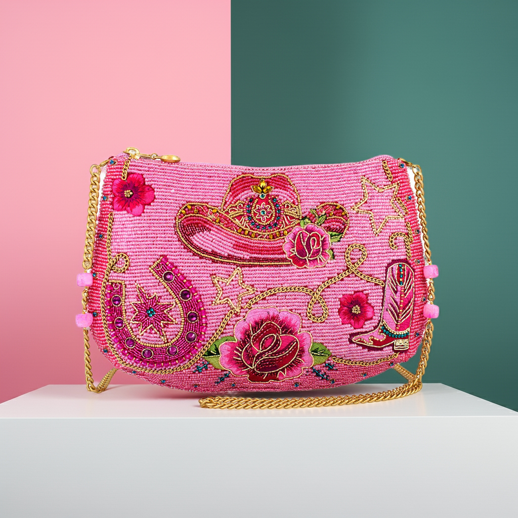 Rodeo Drive Pink Western Themed Beaded Crossbody Handbag Mary