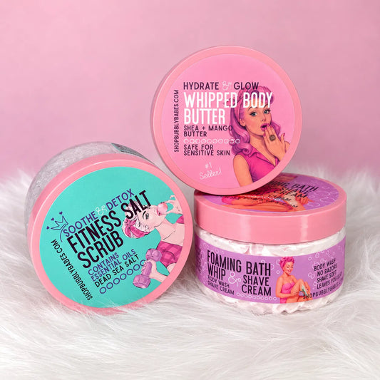 A cheerful trio of handmade Bubbly Babes bath and body products