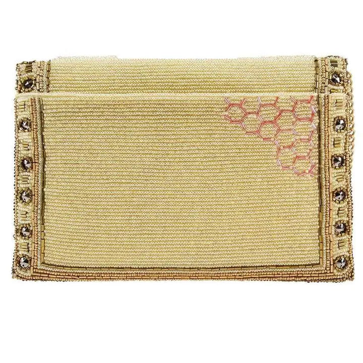 Mary Frances Buzzed beaded bee handbag with gold crown, crossbody clutch purse with intricate detailing

