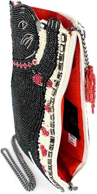 Mary Frances beaded black cat handbag with 3D ears and gemstone accents, crossbody clutch purse

