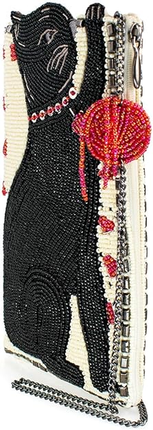 Mary Frances beaded black cat handbag with 3D ears and gemstone accents, crossbody clutch purse

