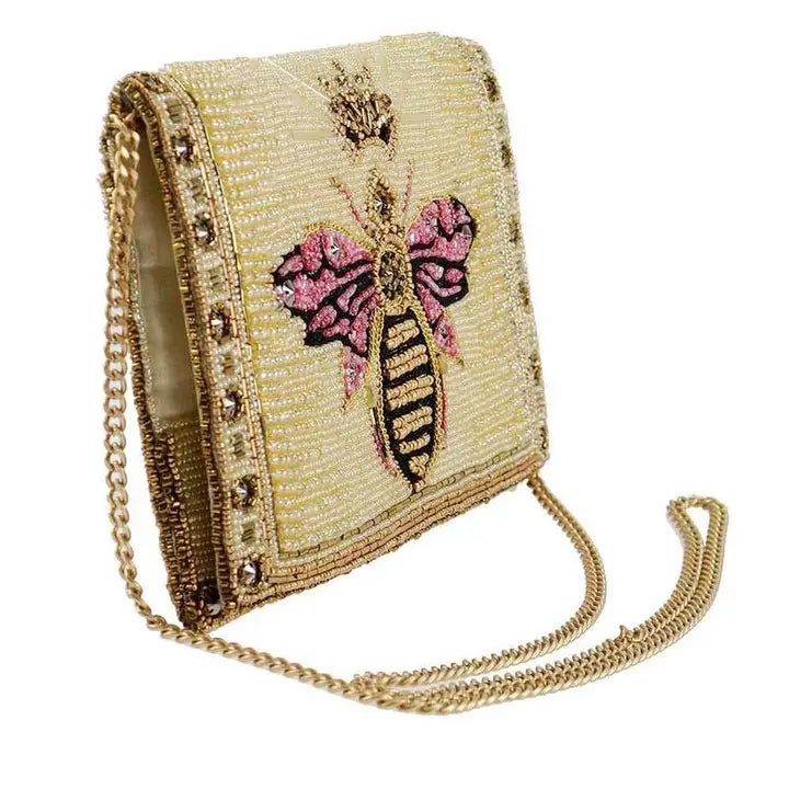 Mary Frances Buzzed beaded bee handbag with gold crown, crossbody clutch purse with intricate detailing

