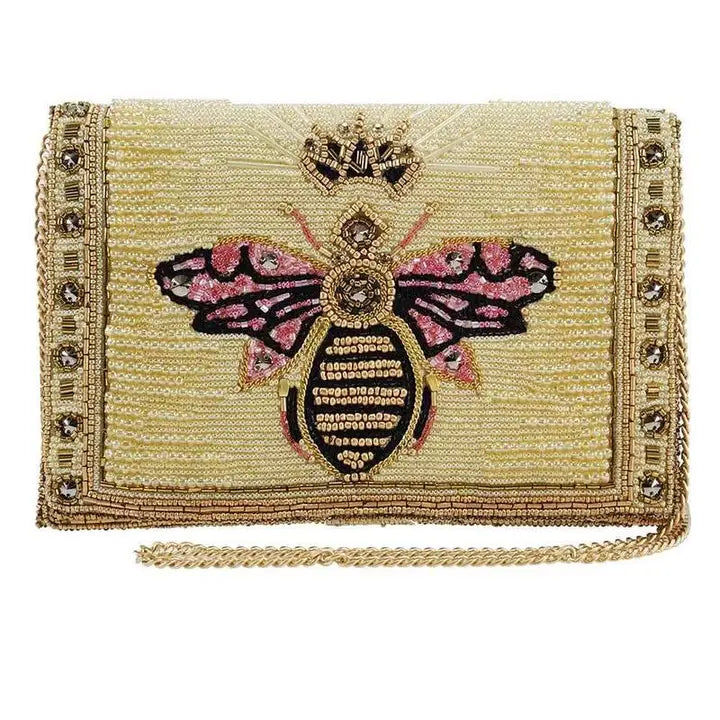 Mary Frances Buzzed beaded bee handbag with gold crown, crossbody clutch purse with intricate detailing

