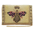Mary Frances Buzzed beaded bee handbag with gold crown, crossbody clutch purse with intricate detailing


