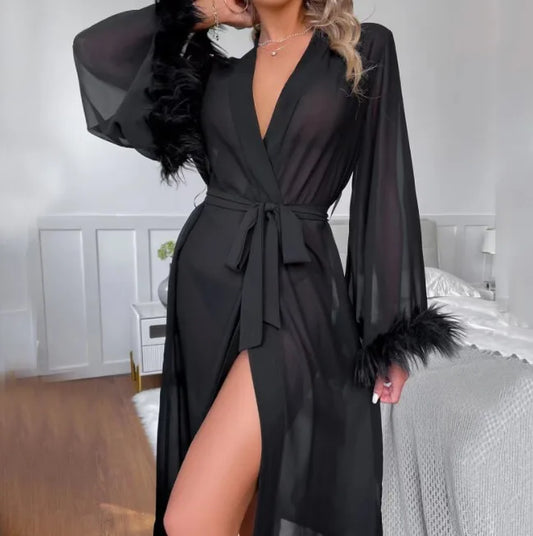 Black Transparent Feather Robe
