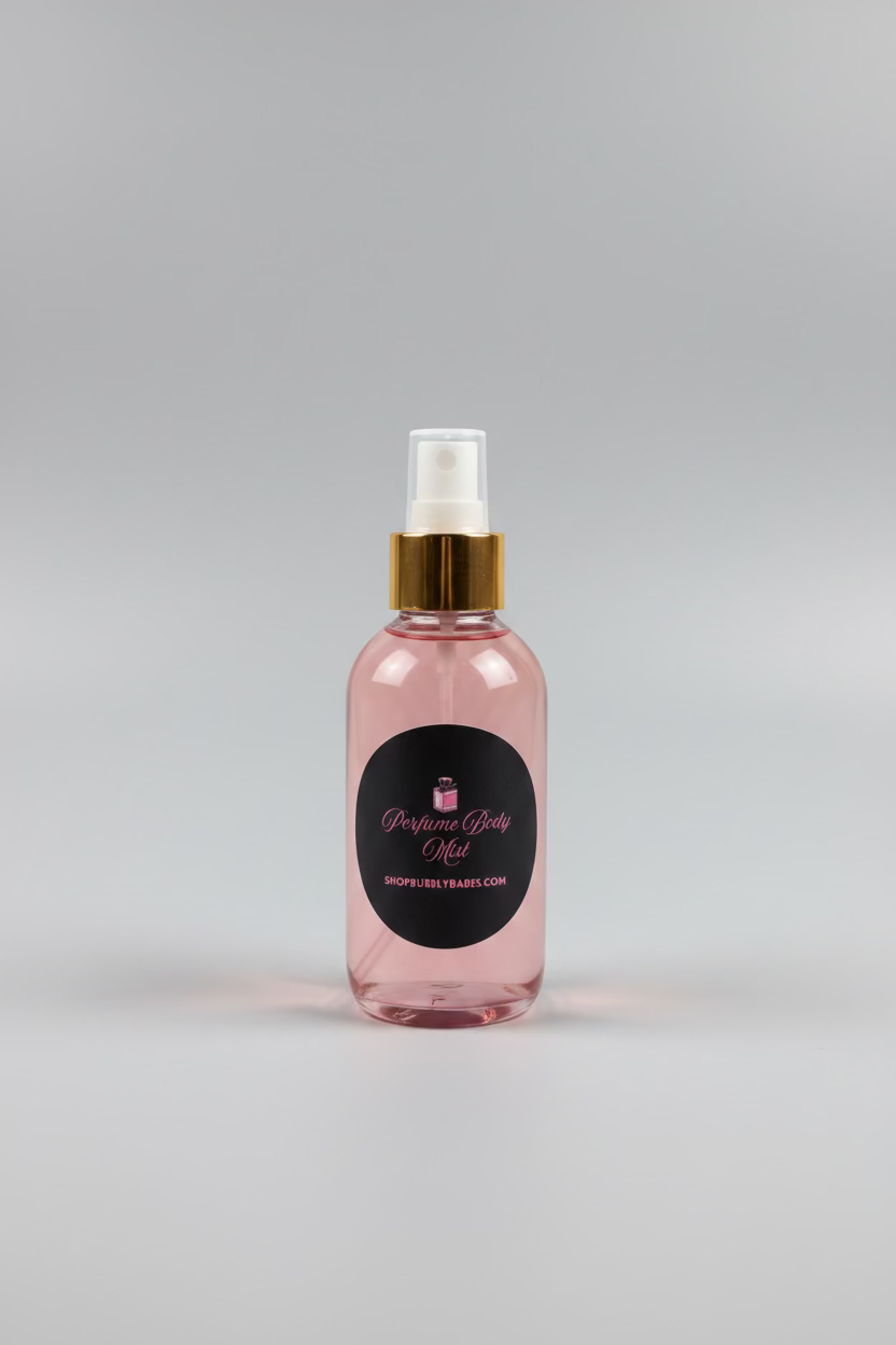 A bottle of perfume body mist with a gold spray nozzle and a black circular label reading 'Perfume Body Mist SHOPFUELTRAVEL.COM', placed on a light wooden table in a kitchen or storage room setting.