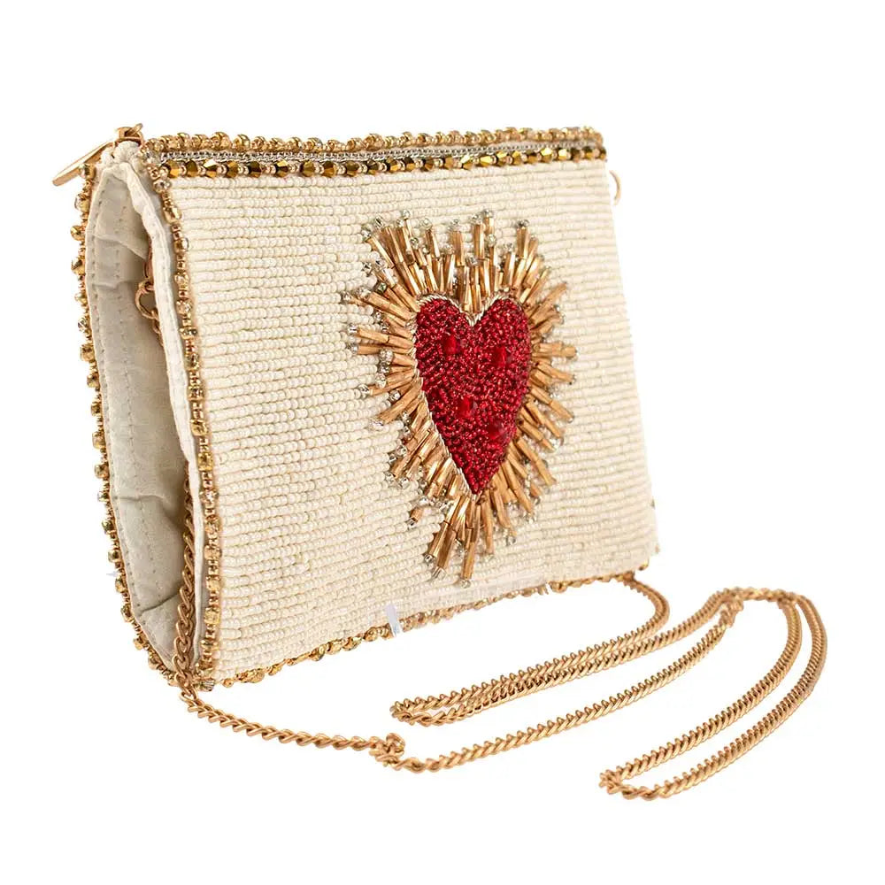 Mary Frances Heart Burst Beaded Red Heart with Ivory Crossbody Phone Bag