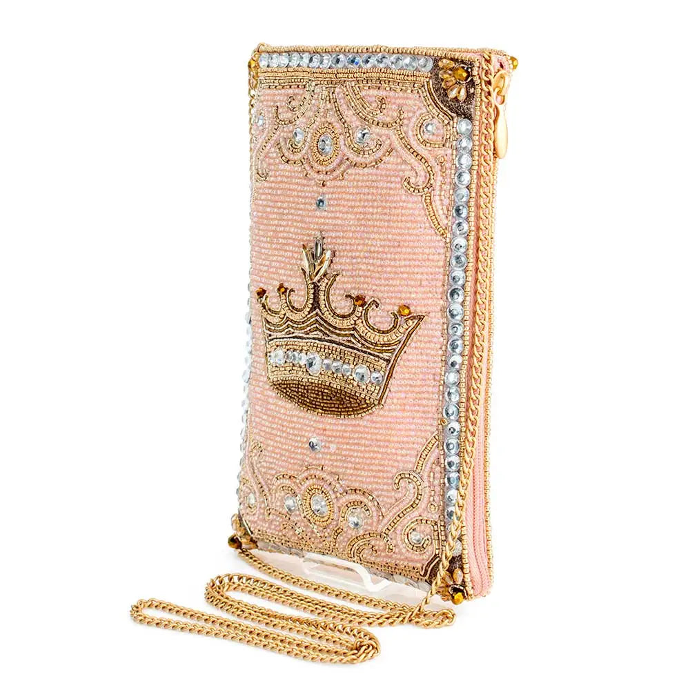 Crowned Jewel Beaded Pink and Gold Crown Crossbody Phone Bag Mary Frances
