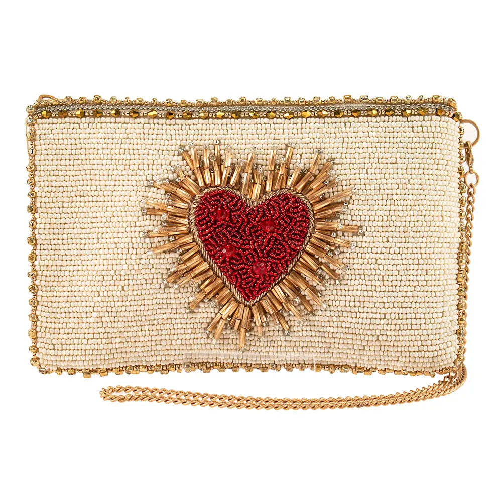 Mary Frances Heart Burst Beaded Red Heart with Ivory Crossbody Phone Bag