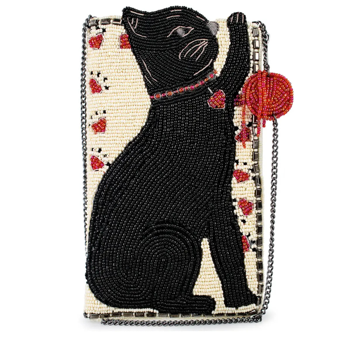 Mary Frances beaded black cat handbag with 3D ears and gemstone accents, crossbody clutch purse

