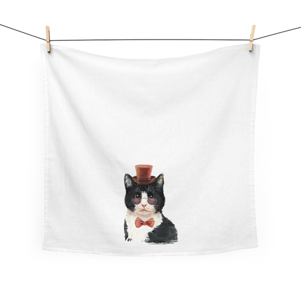 Watercolor Fluffy Cat w/Hat & Glasses Tea Towel