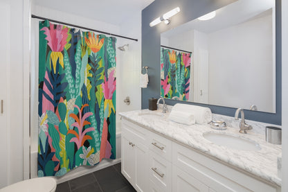 Pink Green Jungle Abstract Shower Curtain, Bathroom Decor