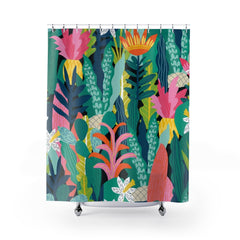 Pink Green Jungle Abstract Shower Curtain, Bathroom Decor