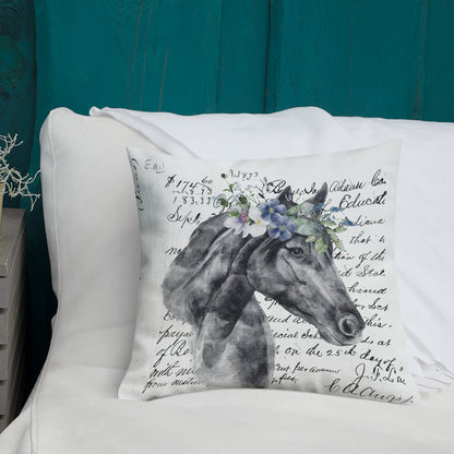Floral Horse Head w/Vintage Handwritten Letter Premium Throw Pillow