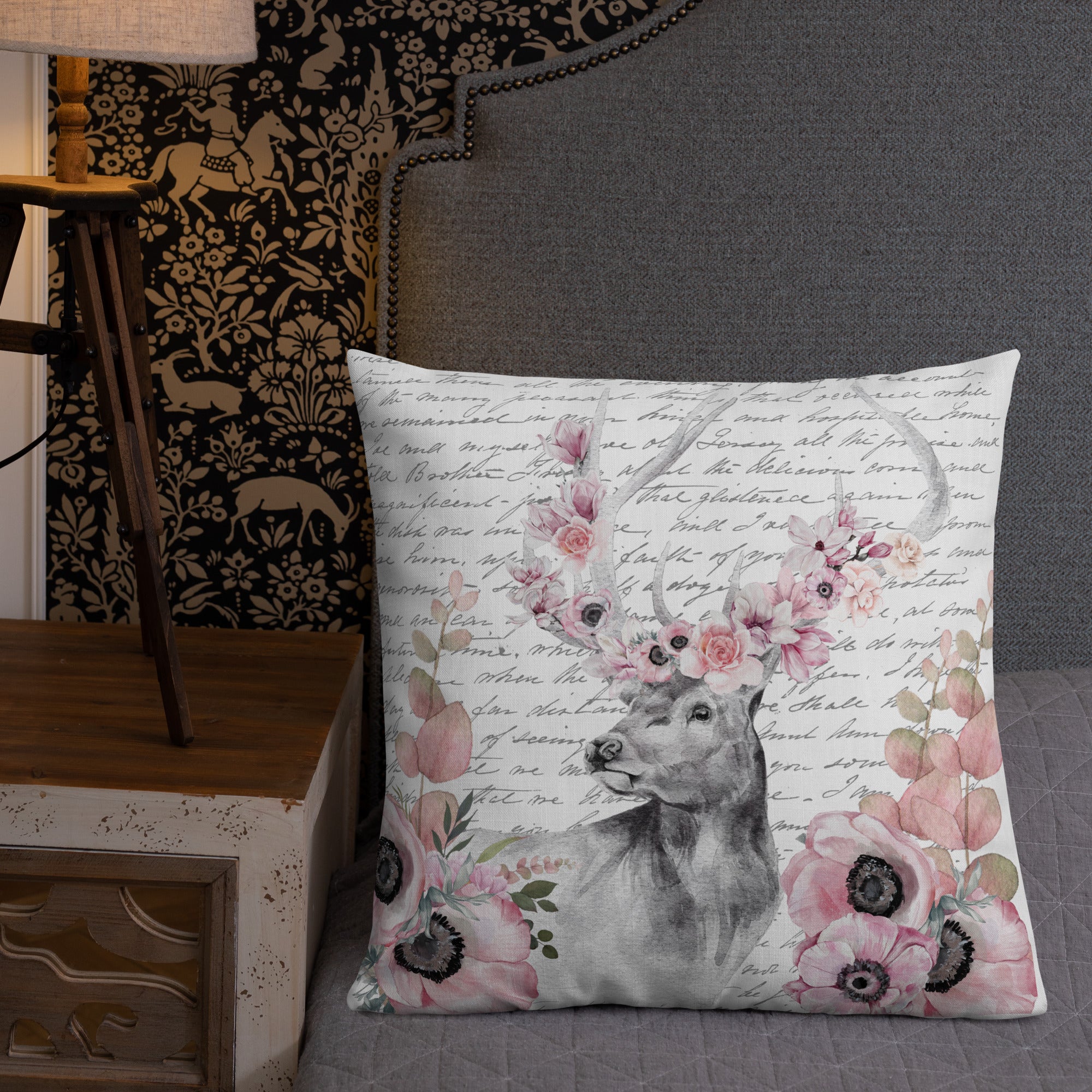 Floral Deer Head w/Vintage Handwritten Letter Premium Pillow