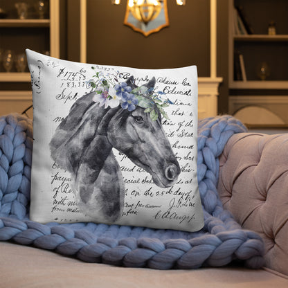 Floral Horse Head w/Vintage Handwritten Letter Premium Throw Pillow