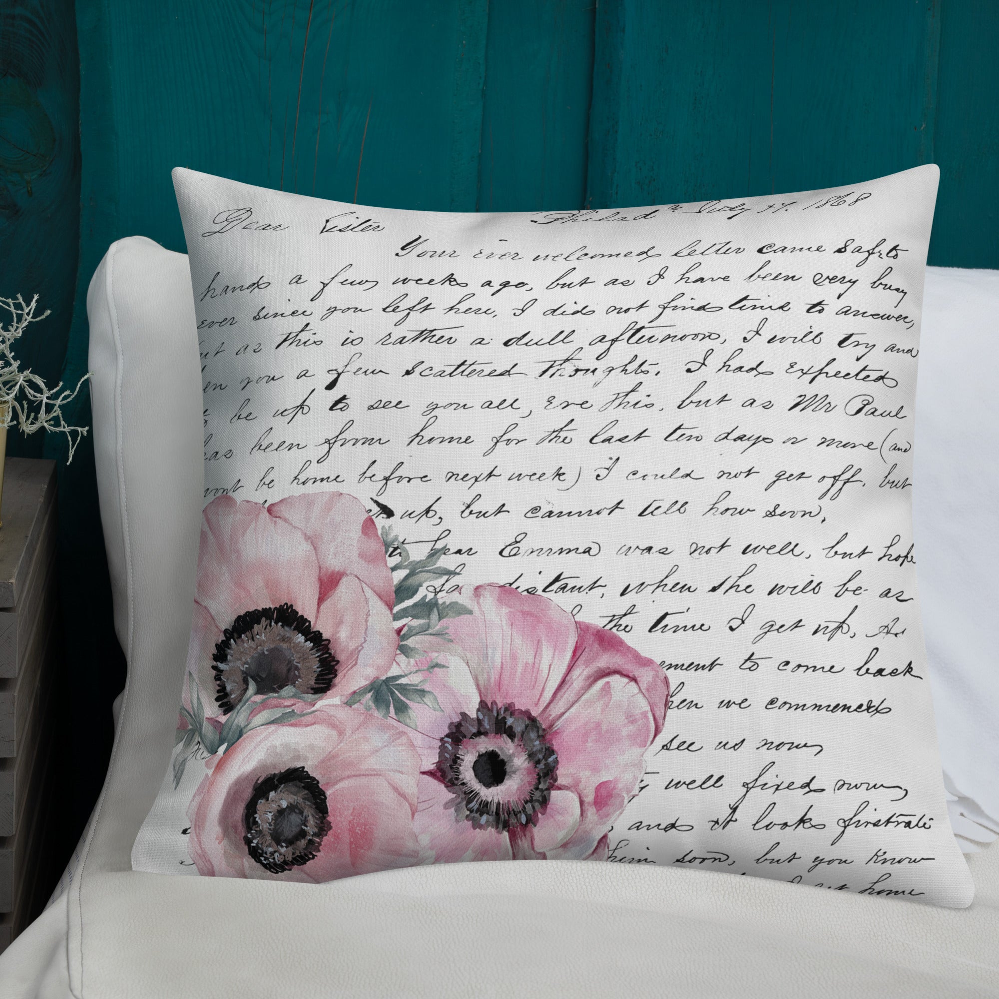 Floral Vintage Handwritten Letter Premium Throw Pillow