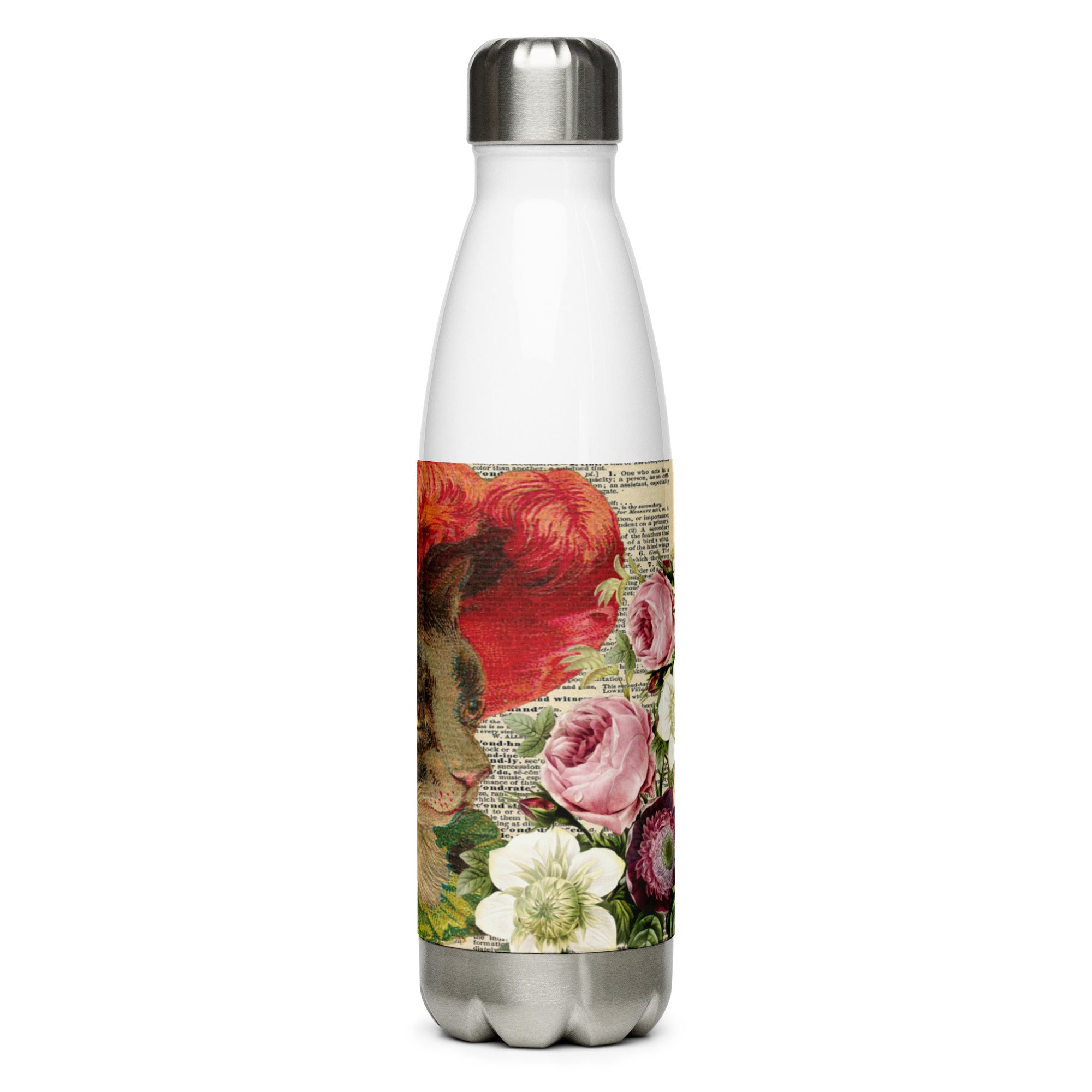 Vintage Cat with Hat Floral Stainless Steel Water Bottle