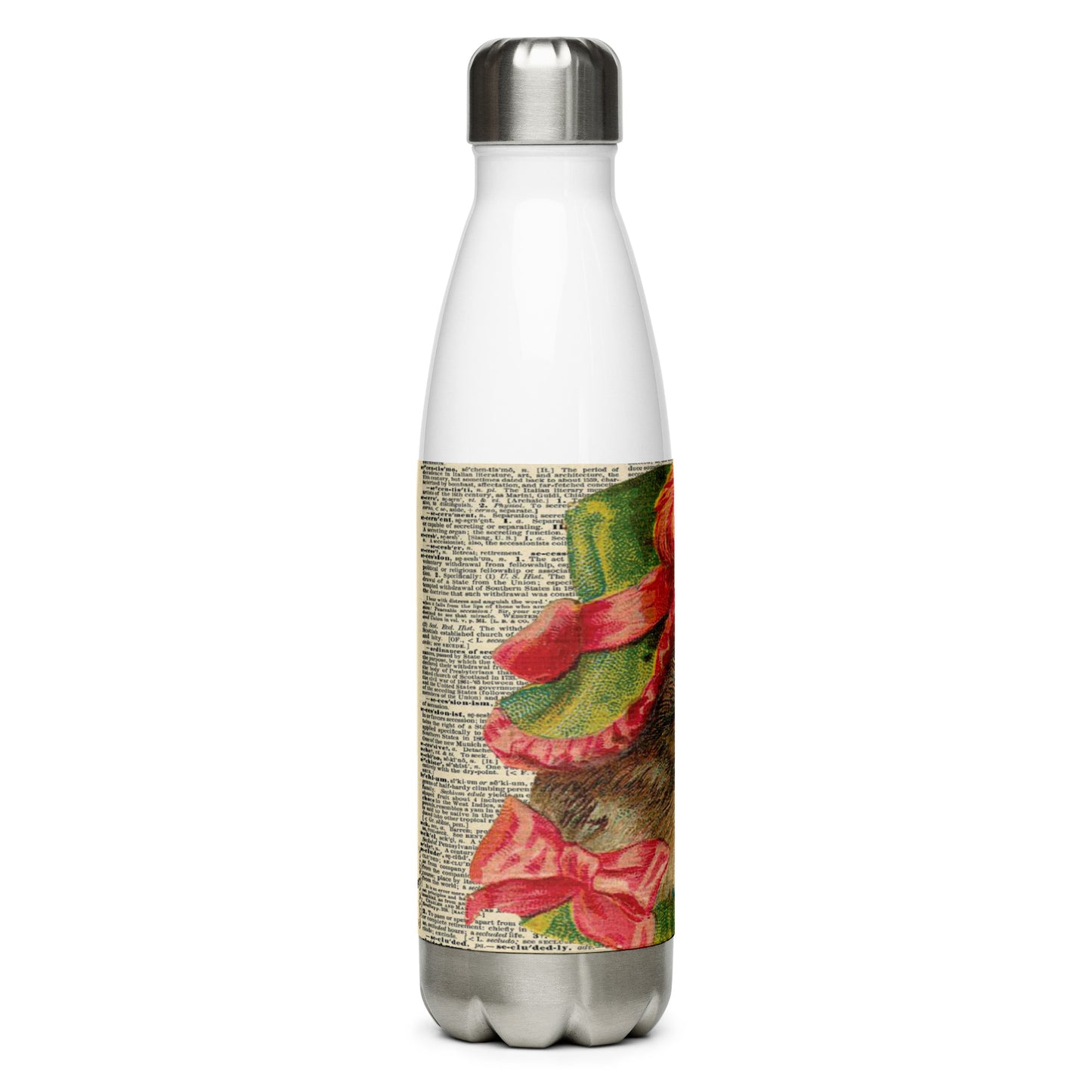 Vintage Cat with Hat Floral Stainless Steel Water Bottle